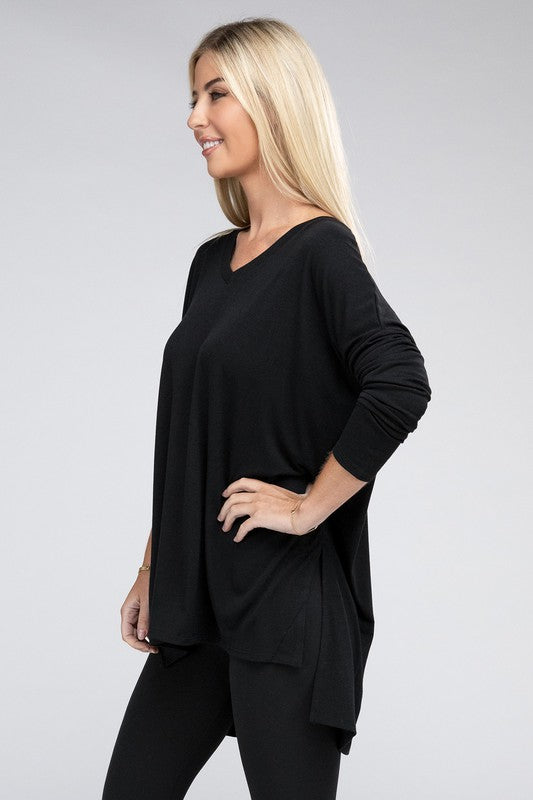 Dolman Long Sleeve V-Neck Side Slit Hi-Low Hem Top