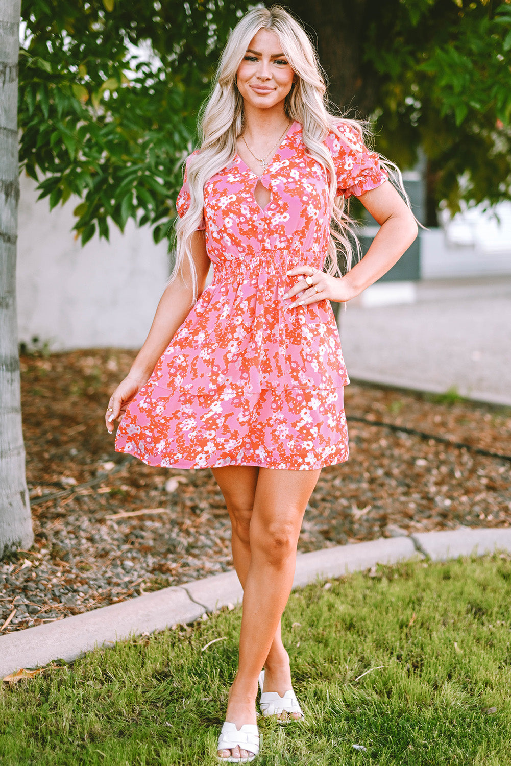 Pink Floral V Neck Short Ruffle Tiered Dress