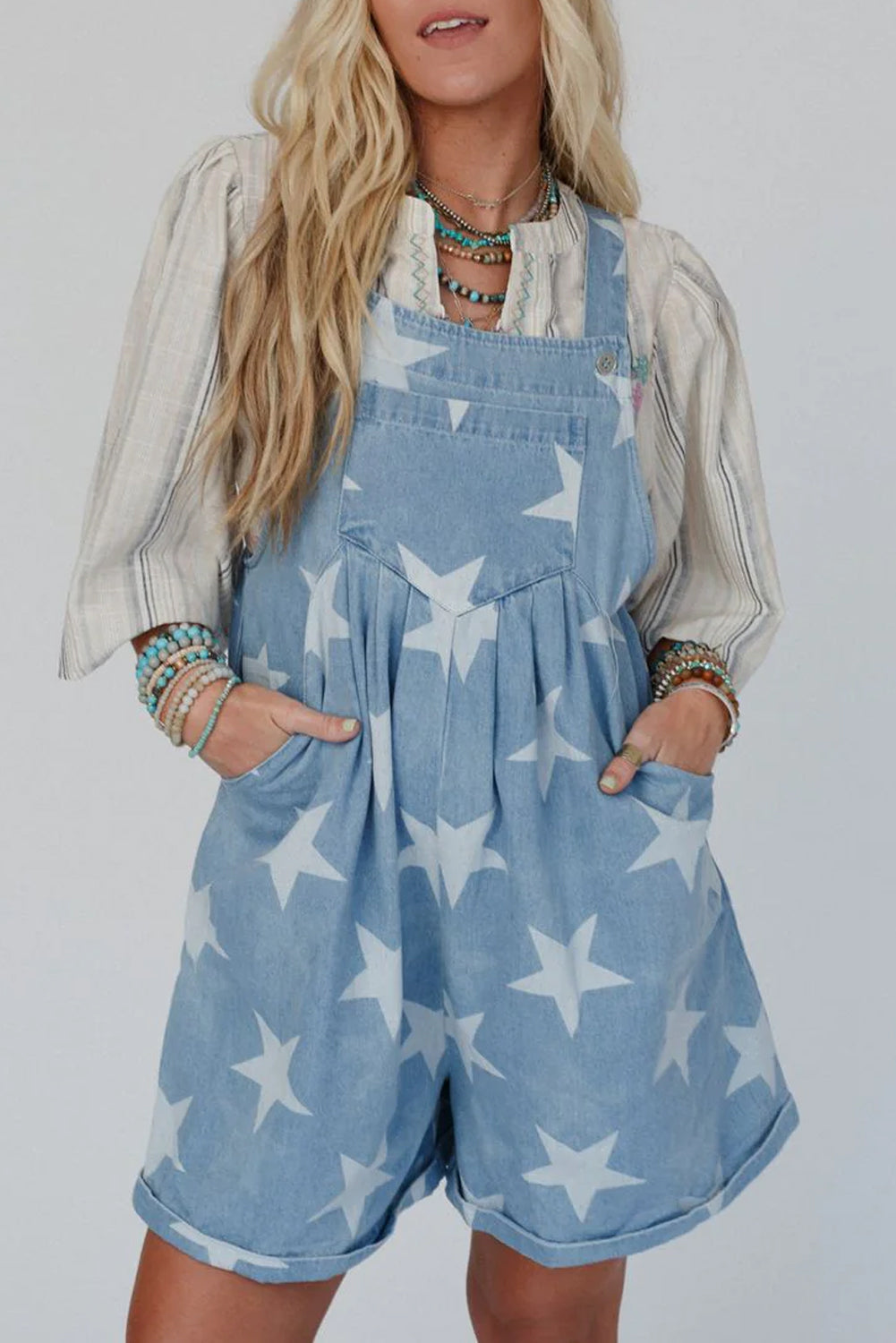 Light Blue Star Printed Buttoned Straps Pocketed Denim Romper