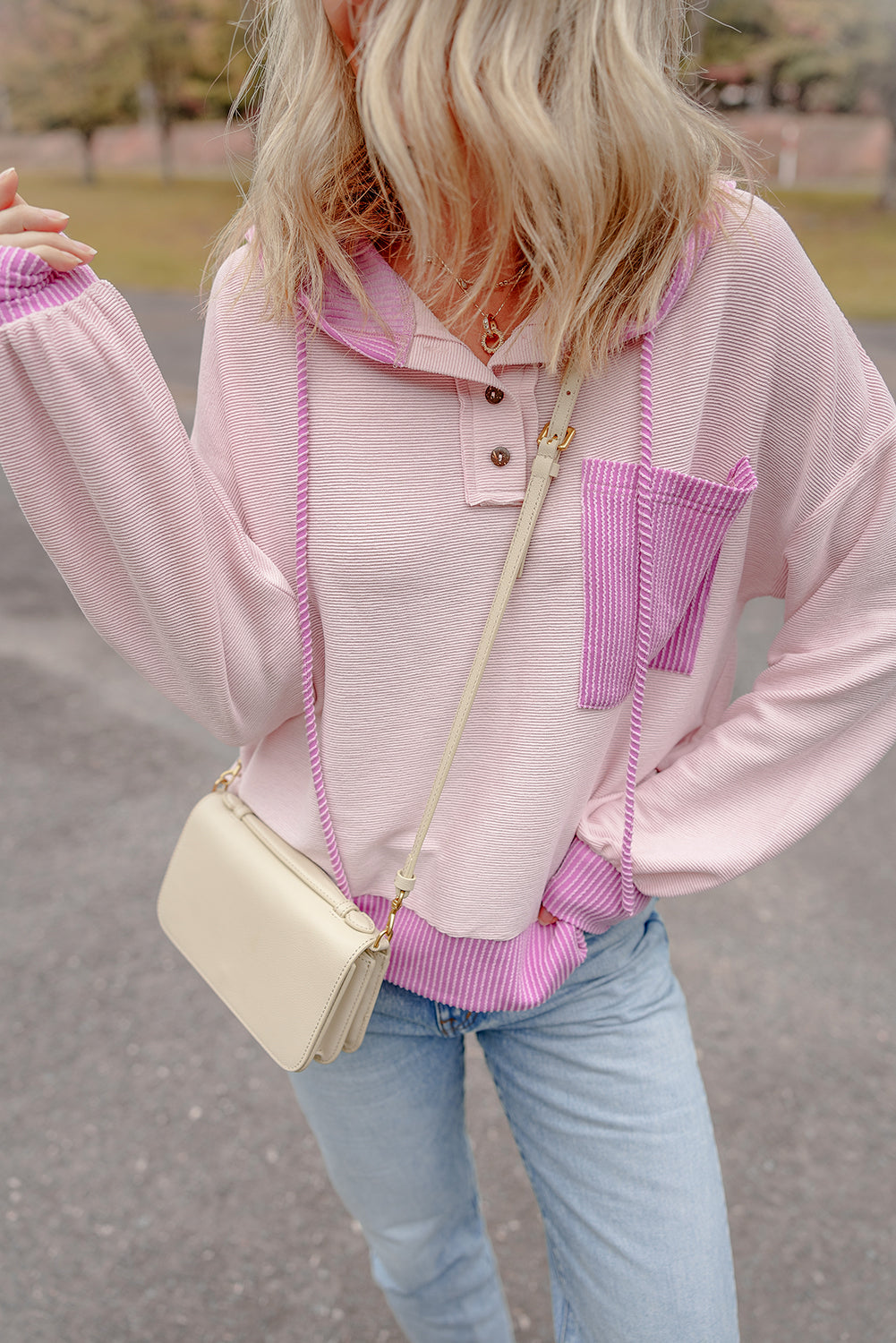 Light Pink Corded Colorblock Patch Pocket Drawstring Hoodie