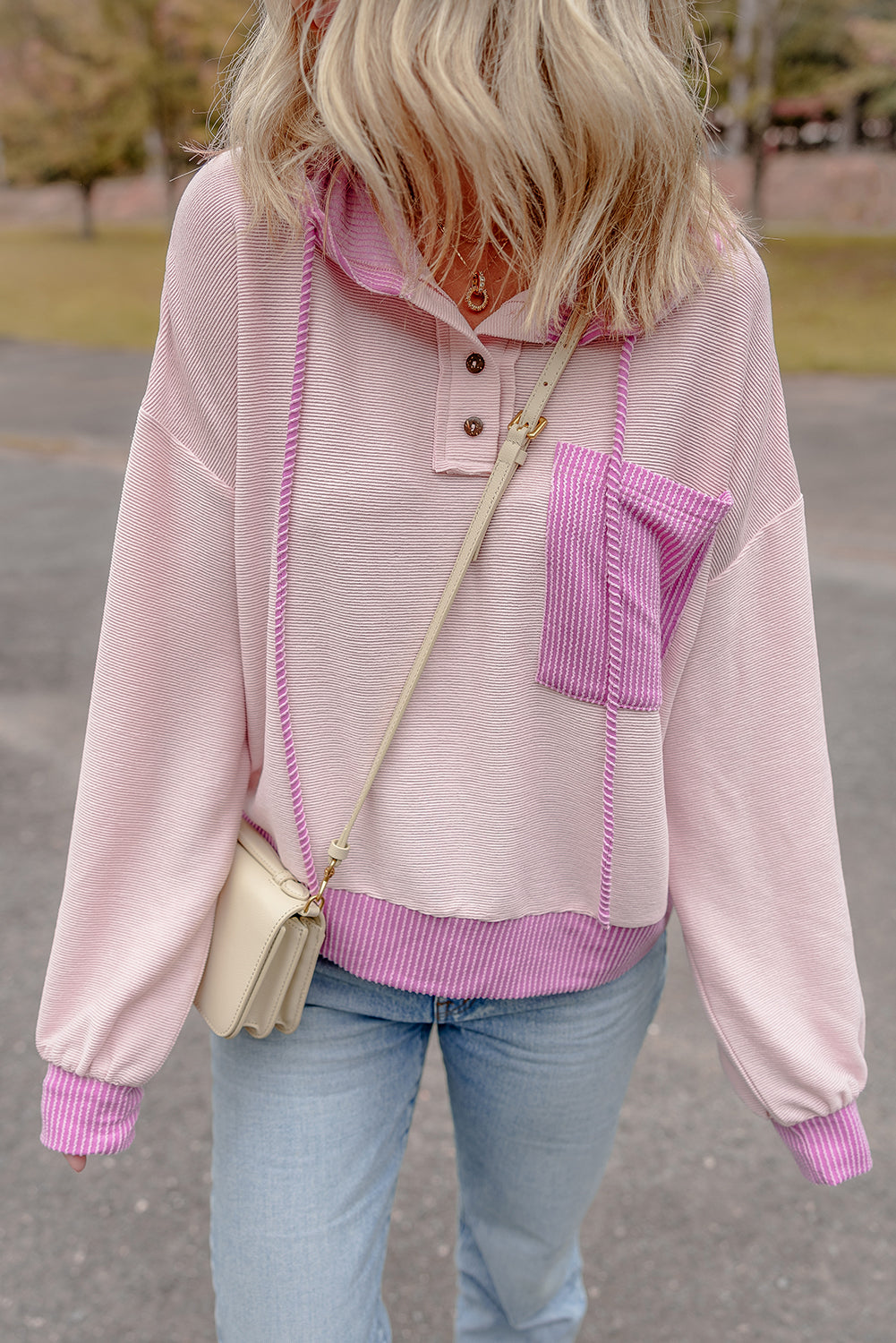 Light Pink Corded Colorblock Patch Pocket Drawstring Hoodie