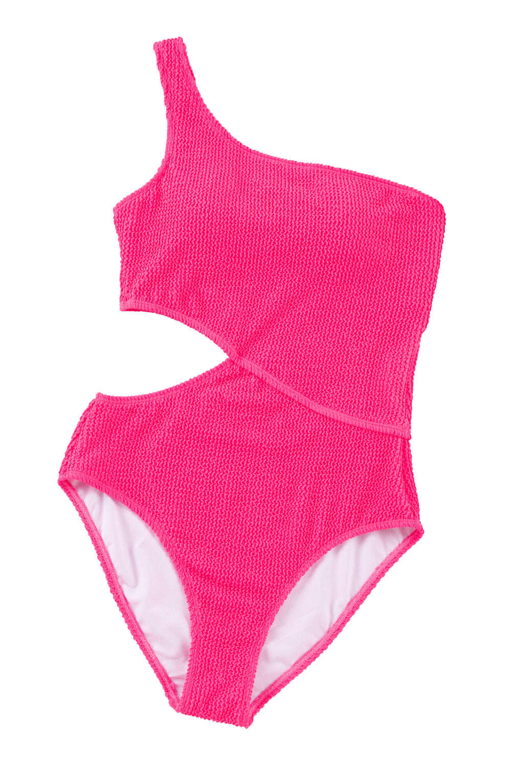 Bright Pink Solid Textured Cut Out One Shoulder Monokini