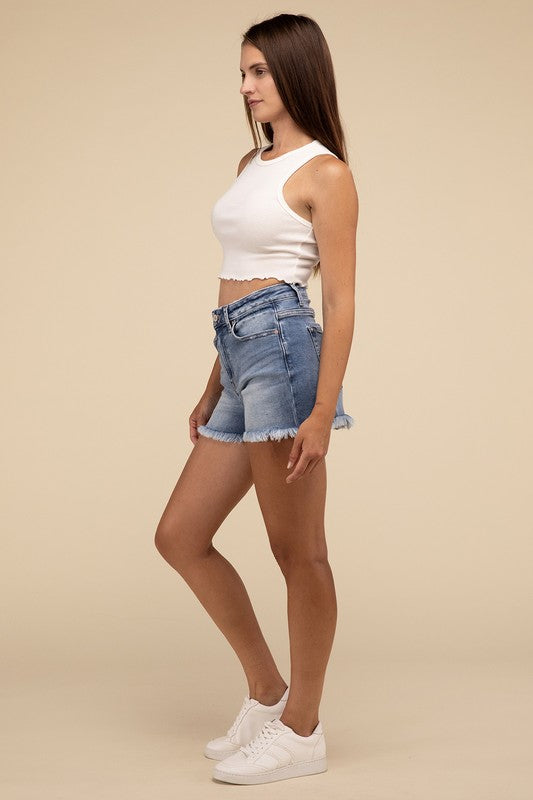 Mid Rise Raw Frayed Hem Denim Shorts