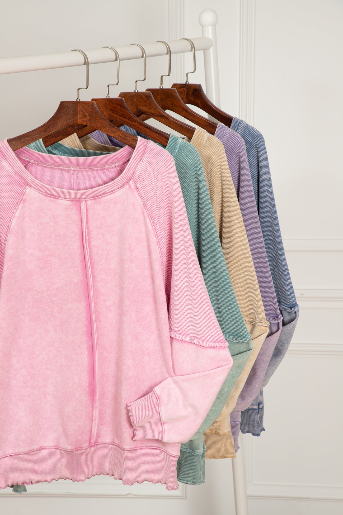 Pink Solid Waffle Knit Patchwork Raglan Sleeve Sweatshirt