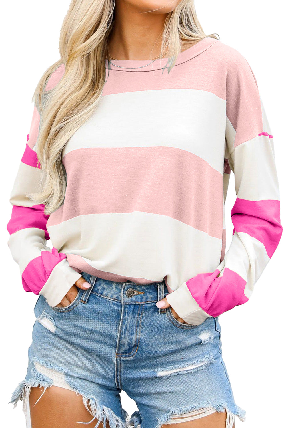 Light Pink Colorblock Striped Drop Shoulder Long Sleeve Top