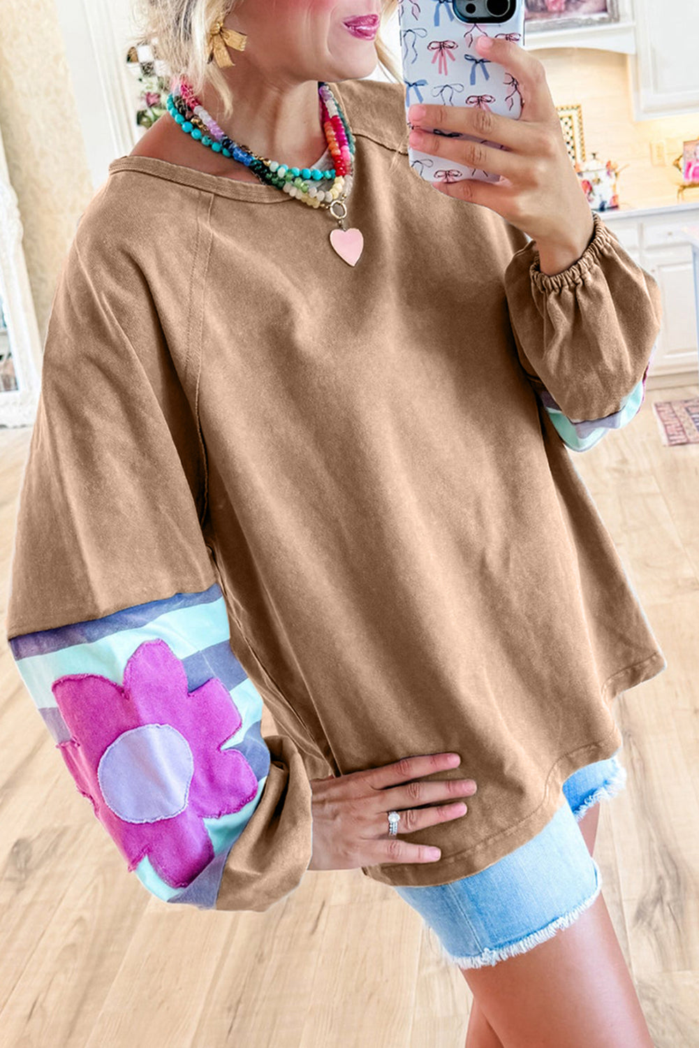 Smoke Green Flower Patchwork Raglan Sleeve Exposed Seam Oversized Top