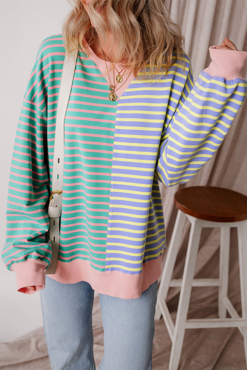 Brown Stripe Casual Stripe Colorblock Drop Shoulder Oversize Sweatshirt