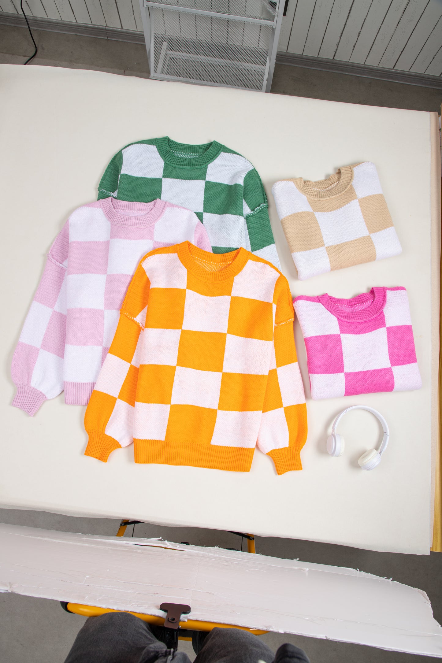 Rose Stripe Checkered Bishop Sleeve Sweater