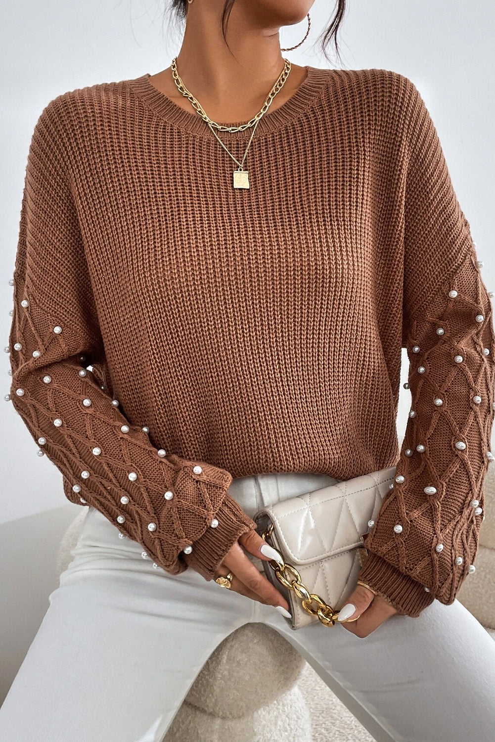 Chestnut Beaded Drop Shoulder Round Neck Sweater