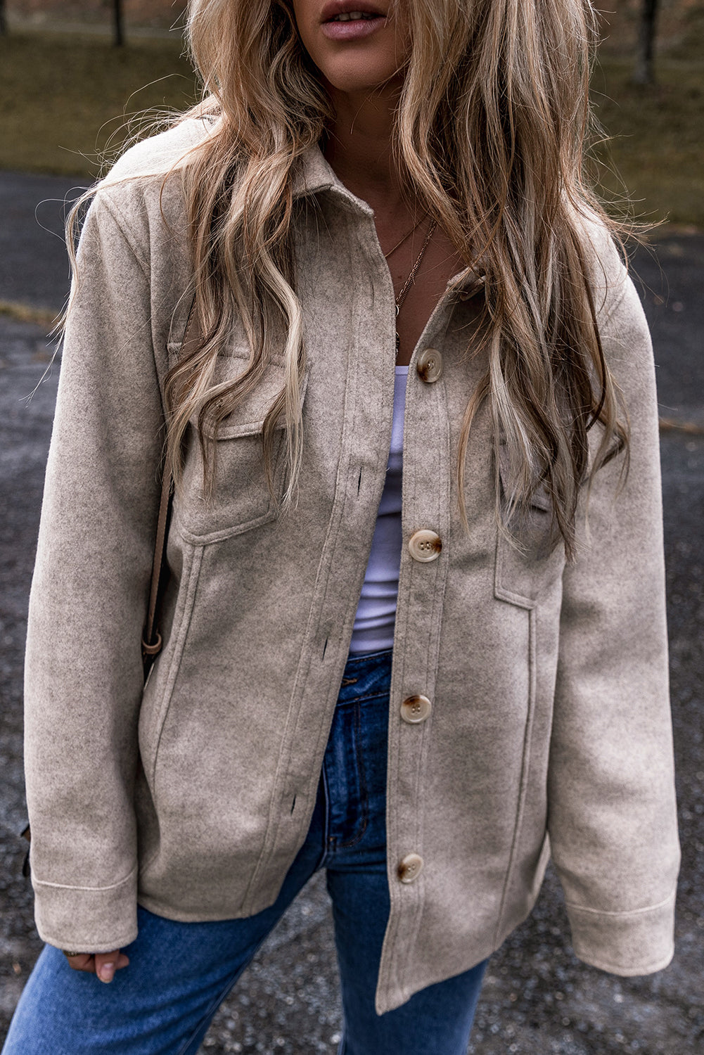 Light Grey Turn Down Collar Flap Pockets Buttoned Shacket