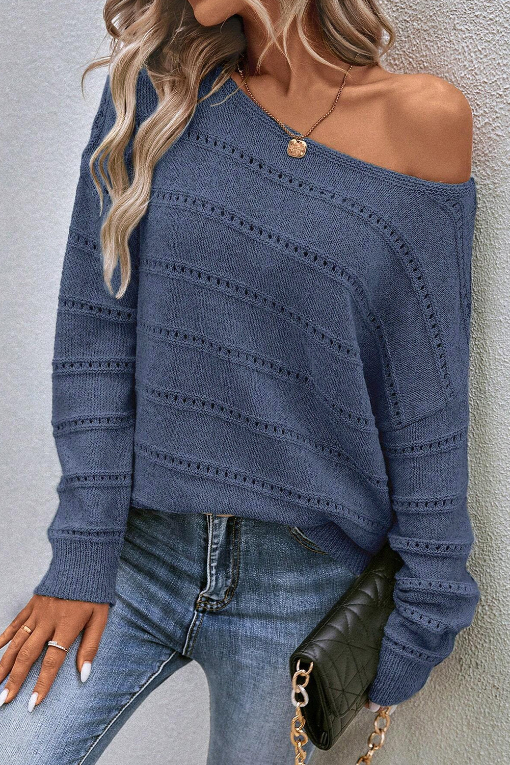 Light Grey Boat Neck Drop Shoulder Pointelle Knit Sweater