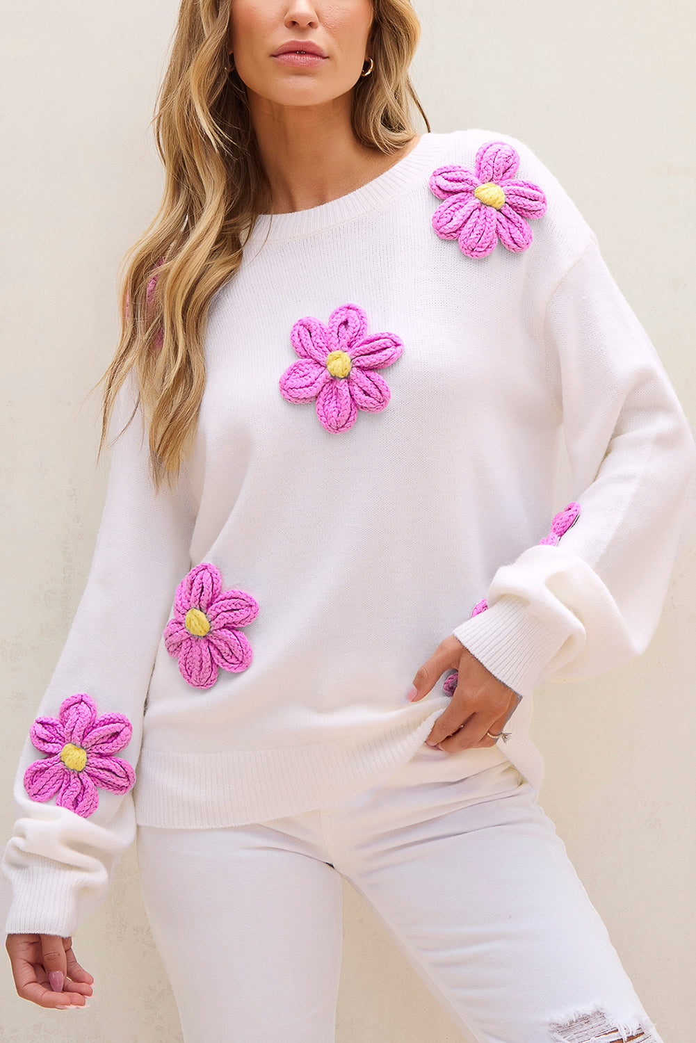 White Floral Crochet Chunky Knit Sweater