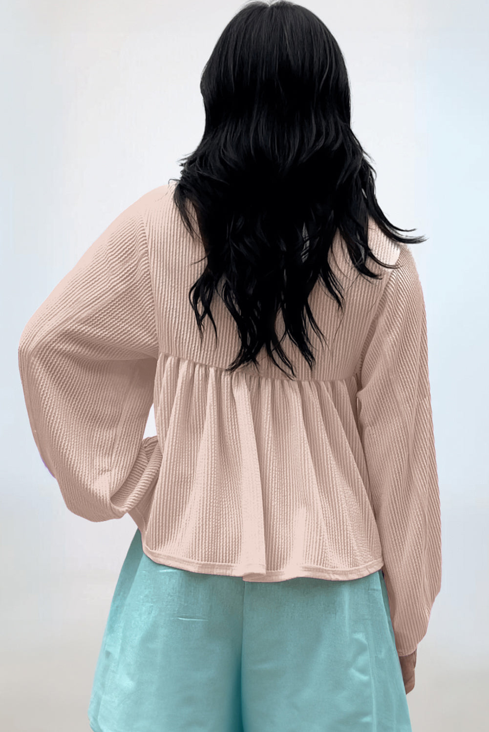 Parchment Corded Turn-down V Neck Bubble Sleeve Babydoll Blouse