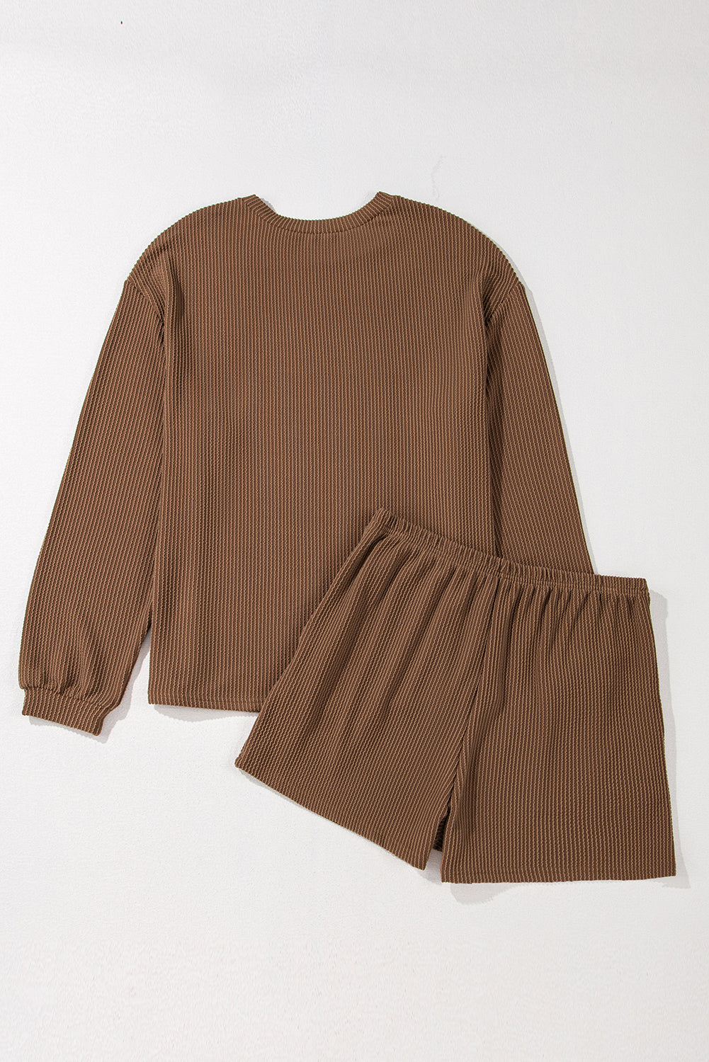 Parchment Corded Knit Long Sleeve Top and High Waist Shorts Set