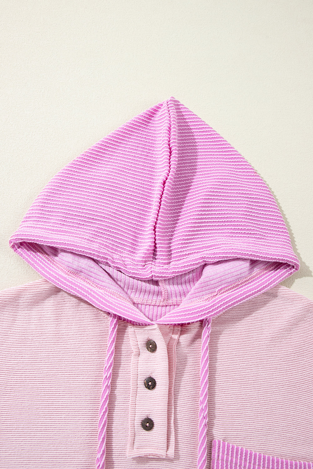 Light Pink Corded Colorblock Patch Pocket Drawstring Hoodie