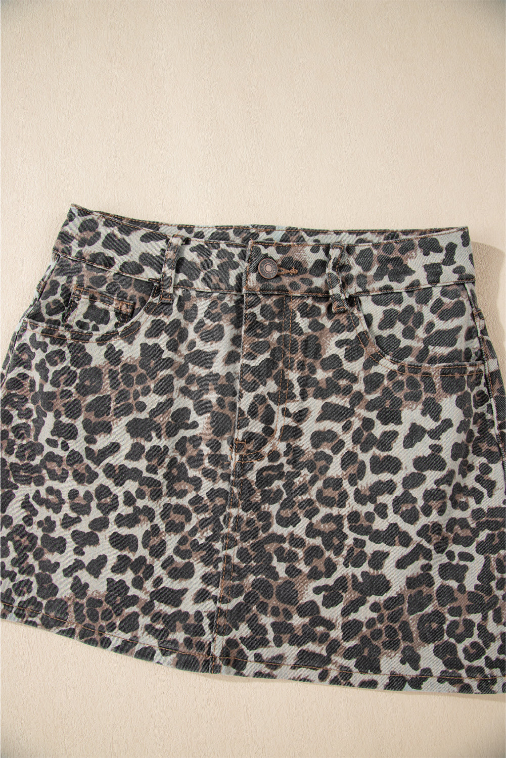 Khaki Leopard Denim Mini Skirt