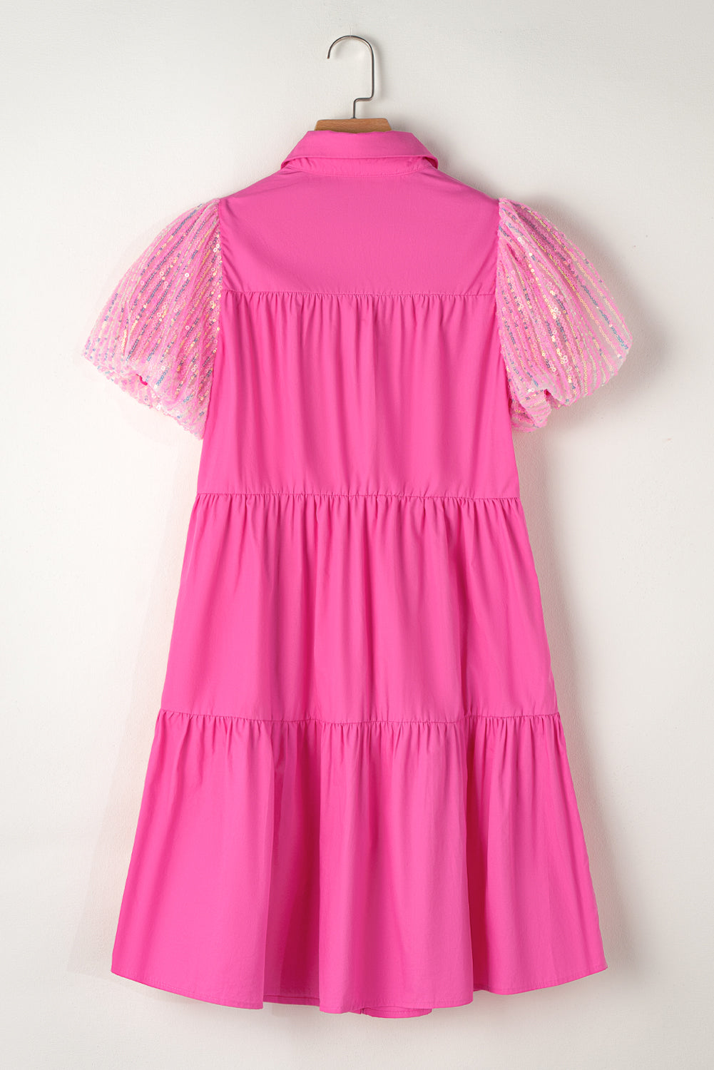 Bonbon Sequined Bubble Sleeve Tiered Ruffled Shirt Dress