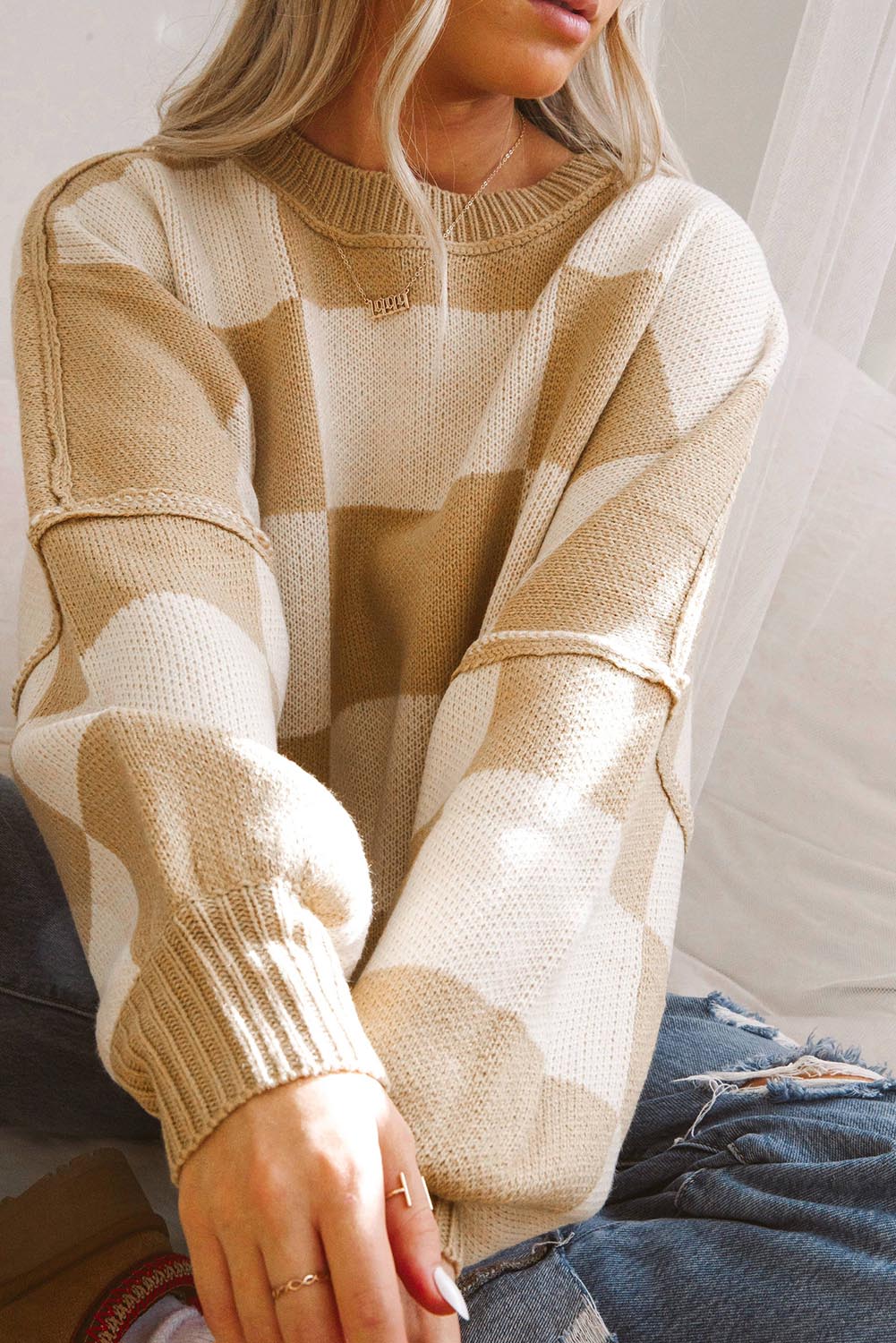 Rose Stripe Checkered Bishop Sleeve Sweater