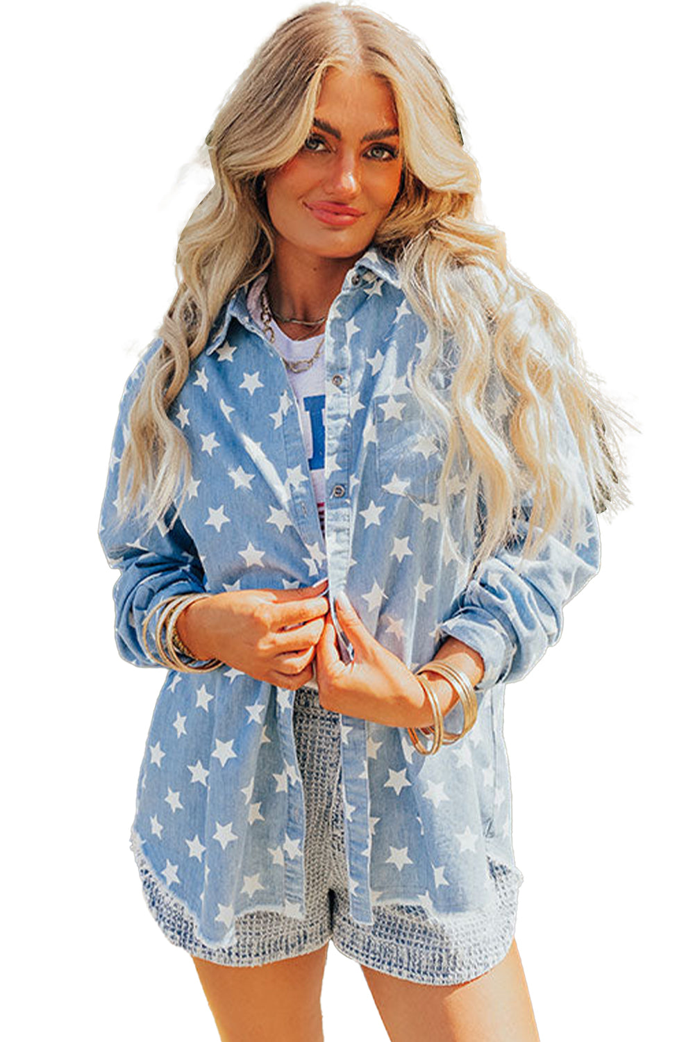 Sky Blue Star Print Light Wash Raw Hem Denim Jacket