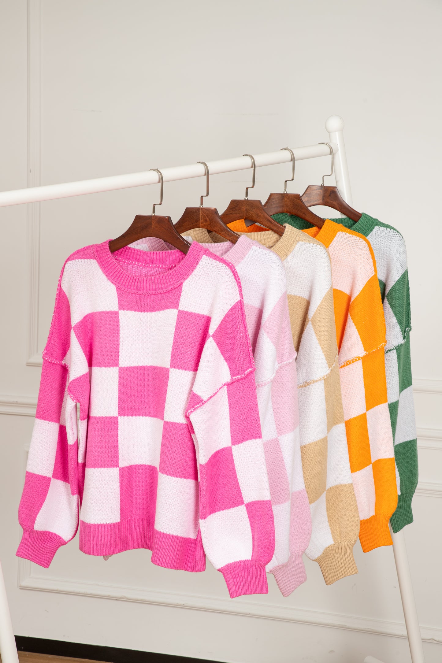 Rose Stripe Checkered Bishop Sleeve Sweater