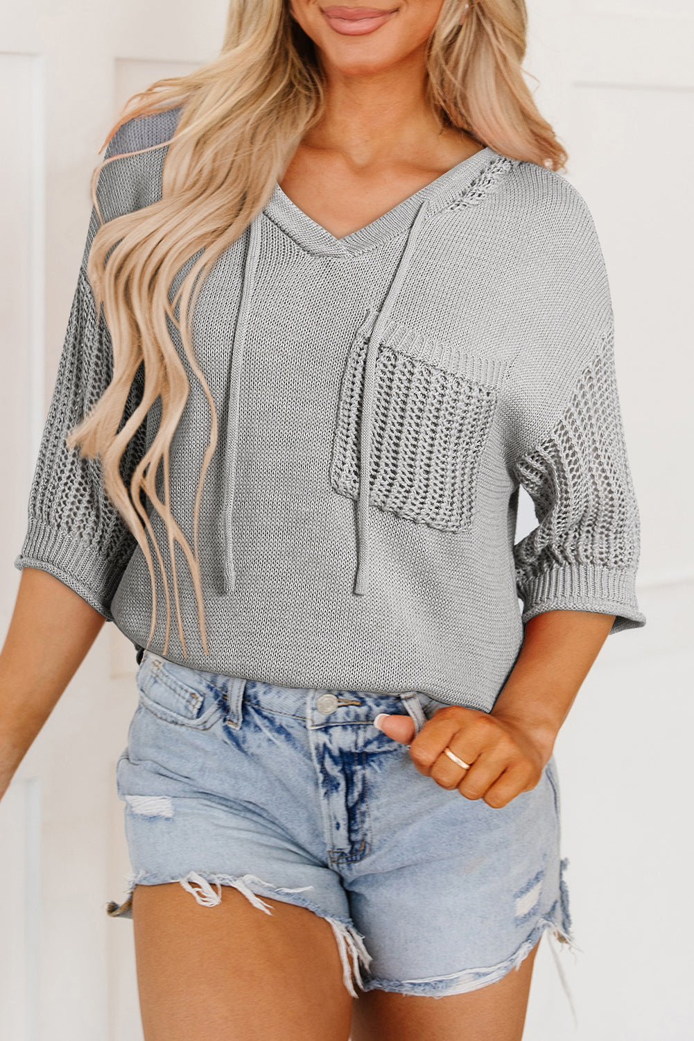 Light Grey Openwork Drawstring Hooded Short Sleeve Sweater Top