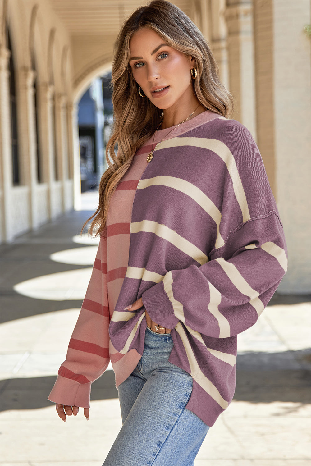 Pink Stripe Colorblock Oversized Sweater