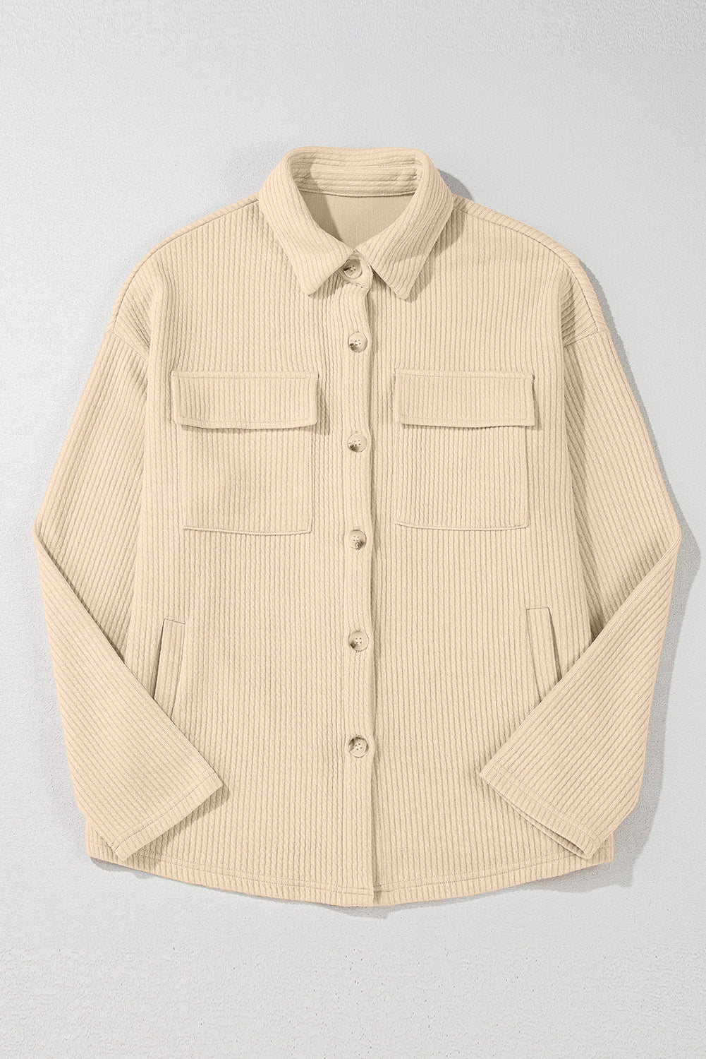 Dark Khaki Solid Color Corduroy Buttoned Long Sleeve Shacket