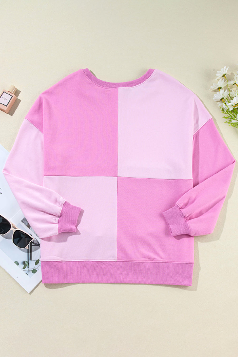 Pink Colorblock Henley High Low Oversize Sweatshirt