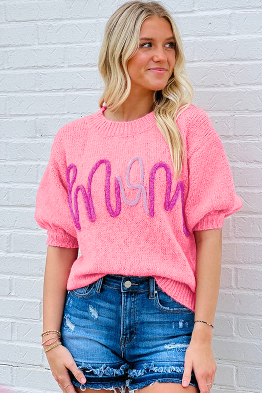 Bonbon Mom Tinsel Front Short Sleeve Sweater