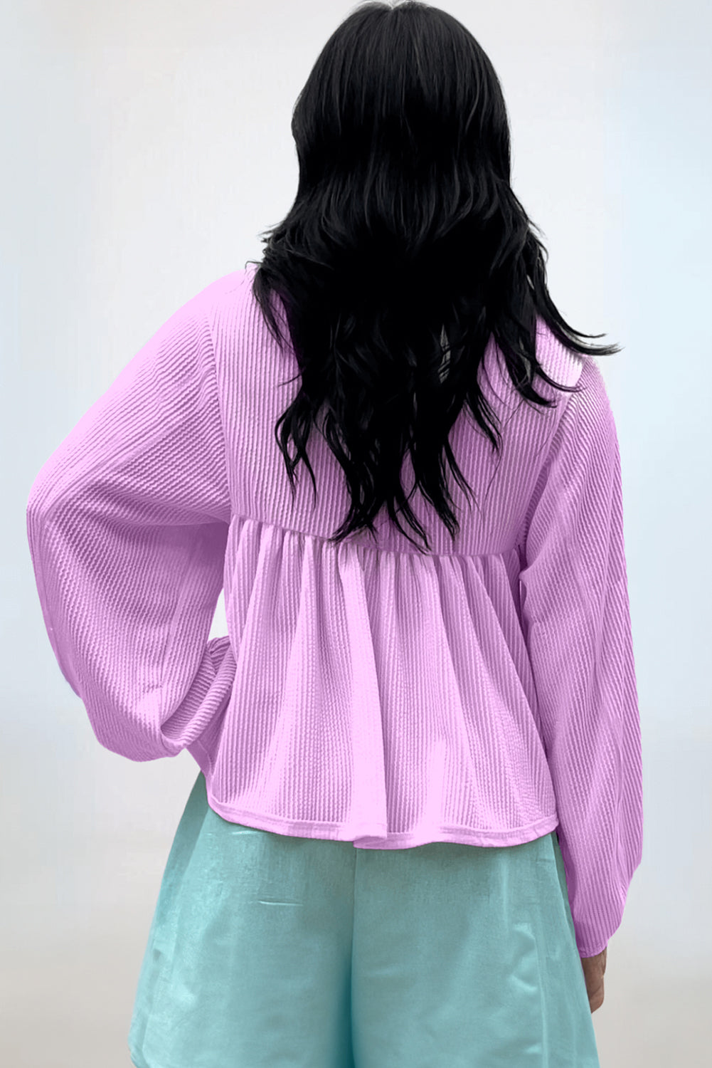 Parchment Corded Turn-down V Neck Bubble Sleeve Babydoll Blouse