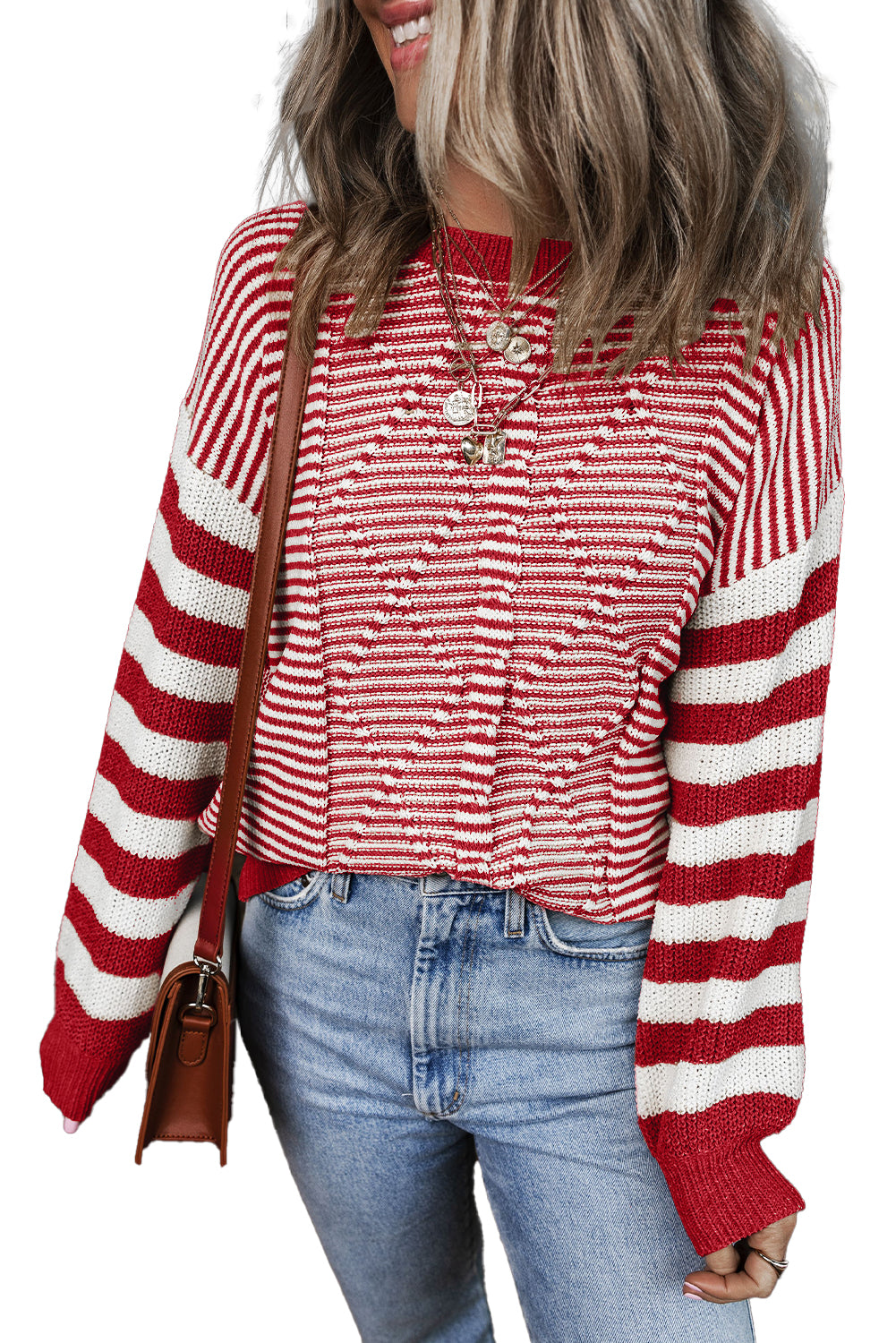 Brown Stripe Geometric Textured Drop Shoulder Sweater