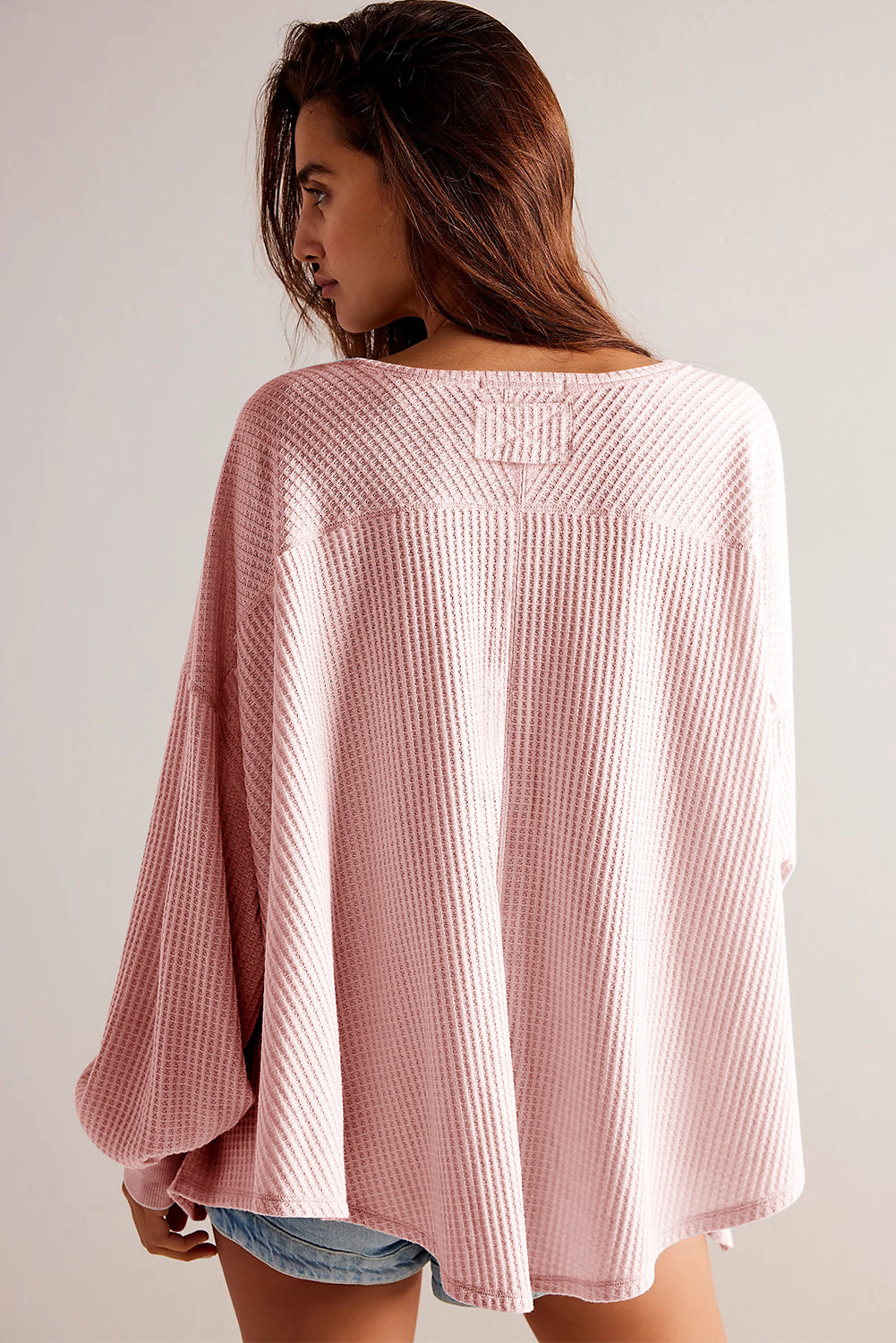 Light Pink Waffle V Neck Long Sleeve Drop Shoulder Loose Blouse