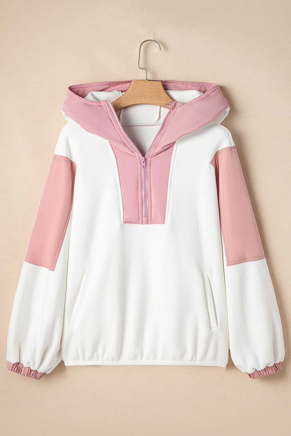 White Colorblock Patchwork Half Zip Oversized Sherpa Hoodie