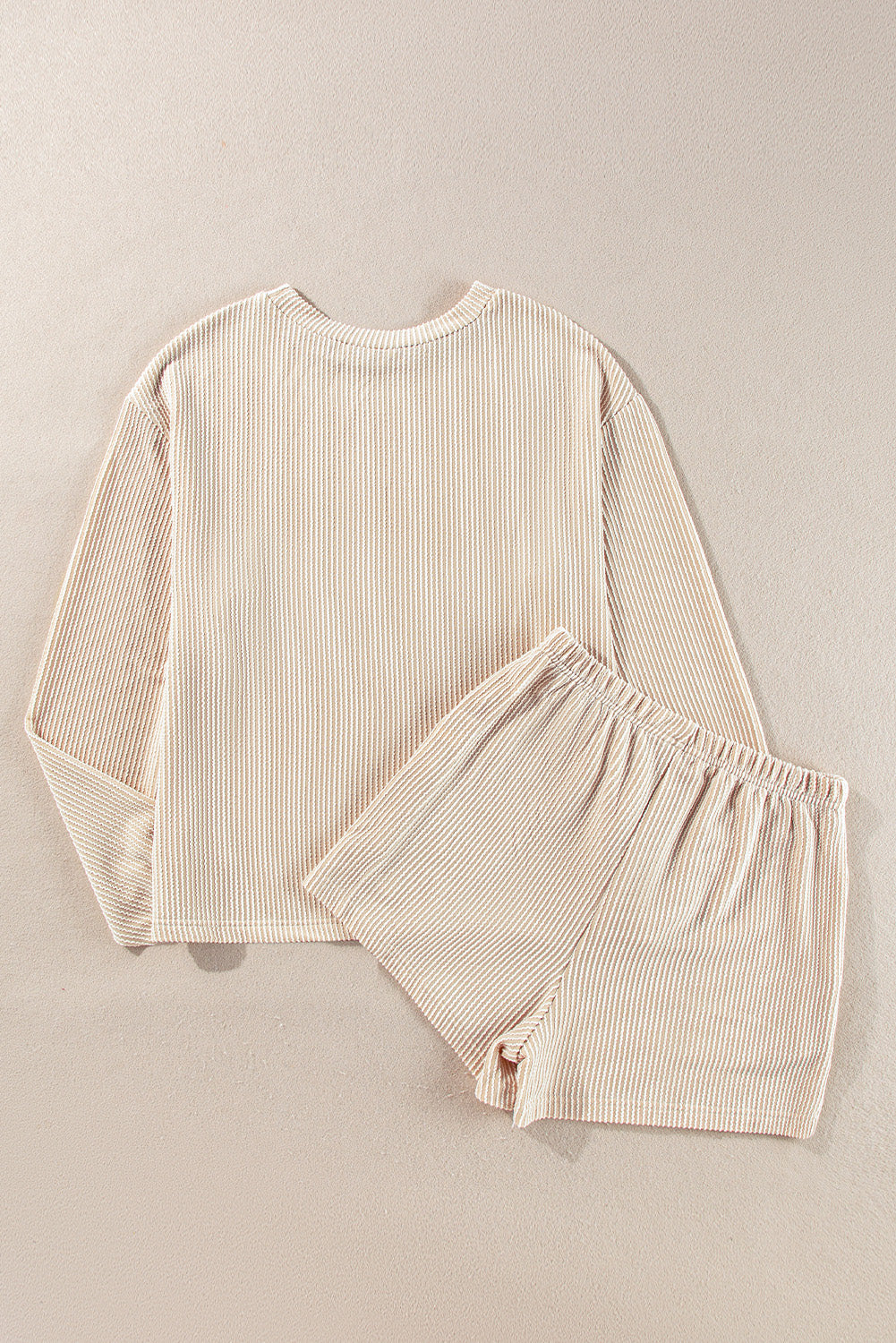 Parchment Corded Knit Long Sleeve Top and High Waist Shorts Set