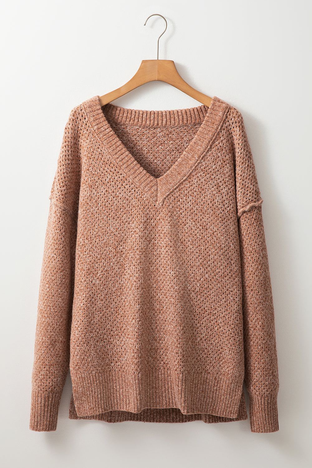 Light Grey Loose Eyelet V Neck Drop Shoulder Sweater