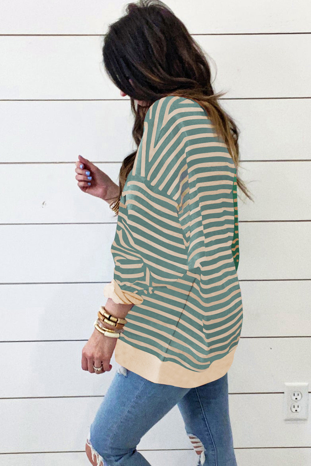 Brown Stripe Casual Stripe Colorblock Drop Shoulder Oversize Sweatshirt