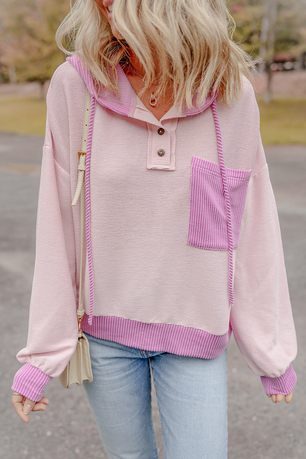 Light Pink Corded Colorblock Patch Pocket Drawstring Hoodie