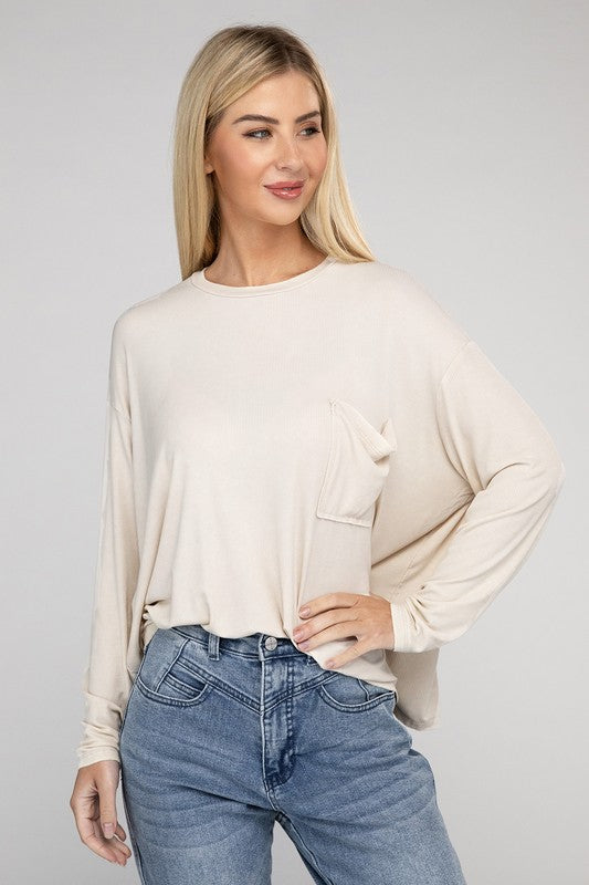 Washed Ribbed Dolman Sleeve Round Neck Top