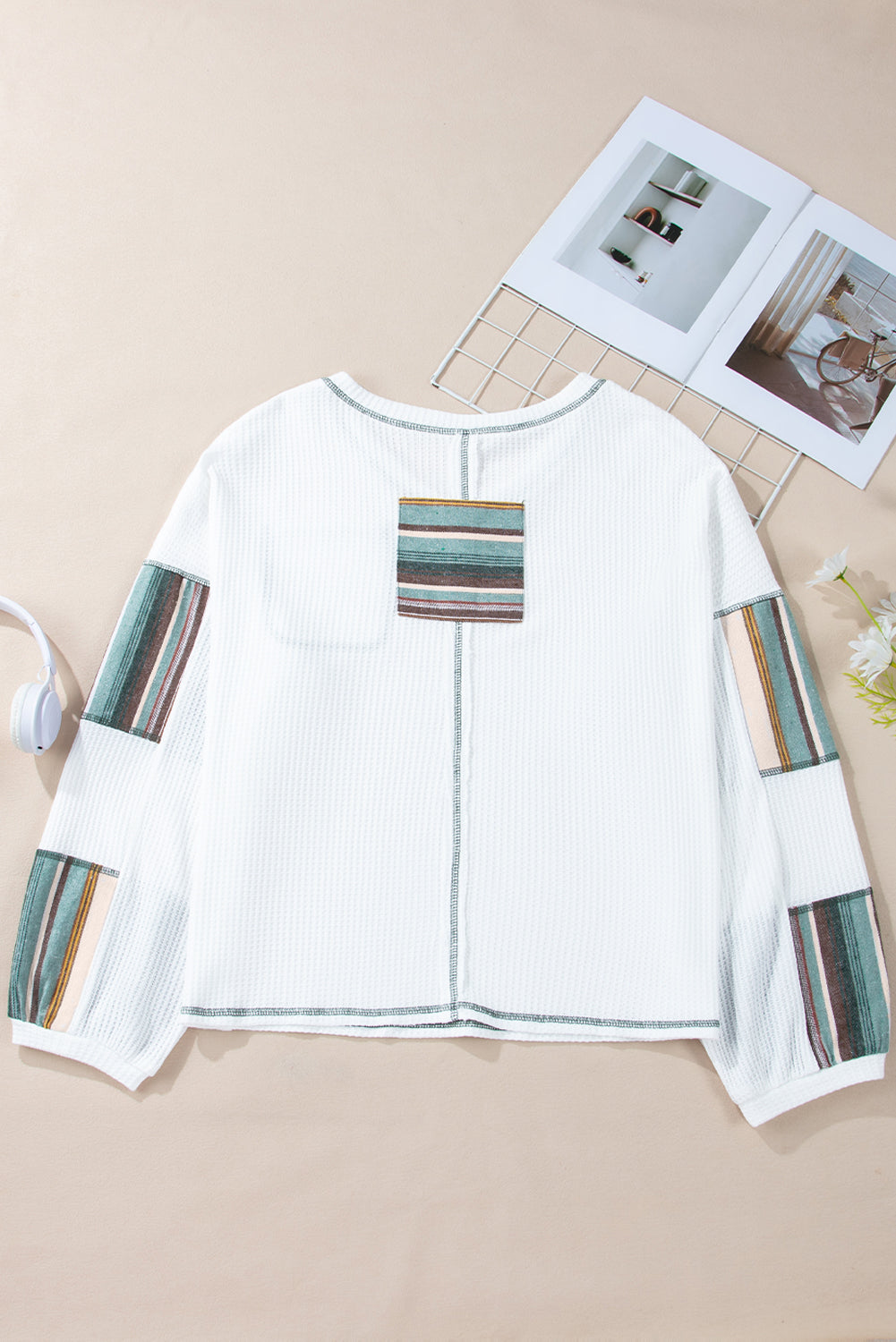 White Striped Patchwork Exposed Seam Waffle Knit Top