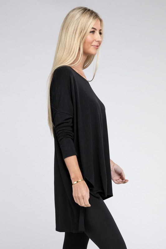 Dolman Long Sleeve V-Neck Side Slit Hi-Low Hem Top