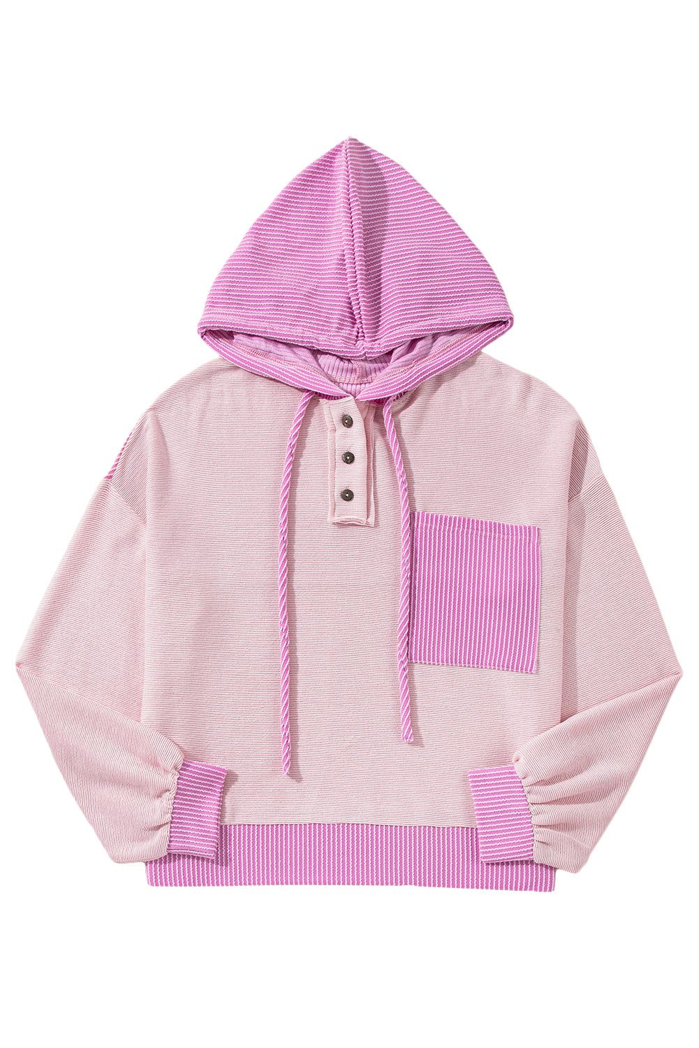 Light Pink Corded Colorblock Patch Pocket Drawstring Hoodie