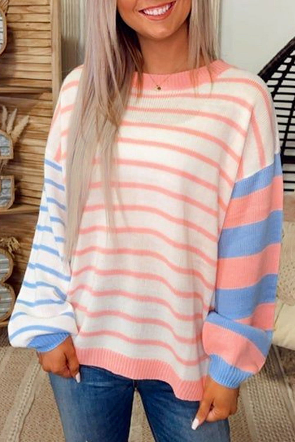 Pale Chestnut Colorblock Striped Drop Shoulder Cozy Sweater